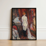 Woman Before a Mirror - Henri De Toulouse-lautrec Art Print / Canvas Black-framed White Attire Red Curtains Rue Des Moulins, Maison, Close,