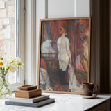 Woman Before a Mirror - Henri De Toulouse-lautrec Art Print / Canvas Framed Painting Wooden Frame White Red Curtains Rue Des Moulins,