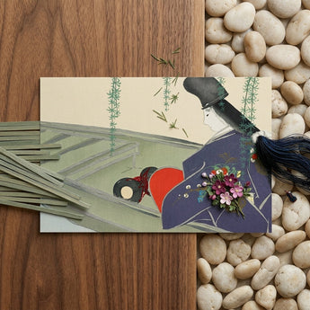 Woman in a Boat - Kamisaka Sekka Art Print / Canvas Delicate Cream-colored Illustrated Postcard Stylized Figure Navy Blue, Lacquered Hull