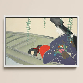 Woman in a Boat - Kamisaka Sekka Art Print / Canvas Framed Artwork Stylized Figure Traditional Japanese Attire Dark, Lacquered Hull Prints