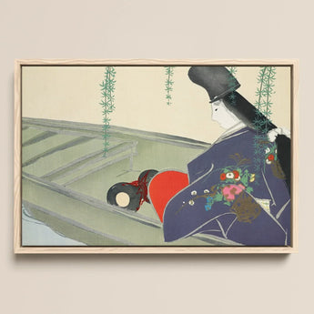 Woman in a Boat - Kamisaka Sekka Art Print / Canvas Framed Artwork Traditional Japanese Figure Navy Blue Kimono, Lacquered Hull Prints