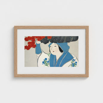 Woman from Momoyogusa - Kamisaka Sekka Meiji Art Print / Canvas Framed Artwork Traditional Blue White Attire Floral, Era’s Artistic