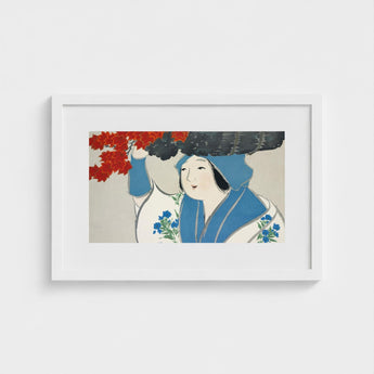 Woman from Momoyogusa - Kamisaka Sekka Meiji Art Print / Canvas White-framed Artwork Blue White Traditional Attire Red, Era’s Artistic