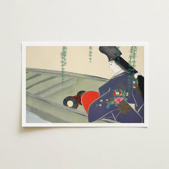 Woman in a Boat - Kamisaka Sekka Art Print / Canvas Framed Stylized Illustration Figure Traditional Japanese Attire, Lacquered Hull Prints