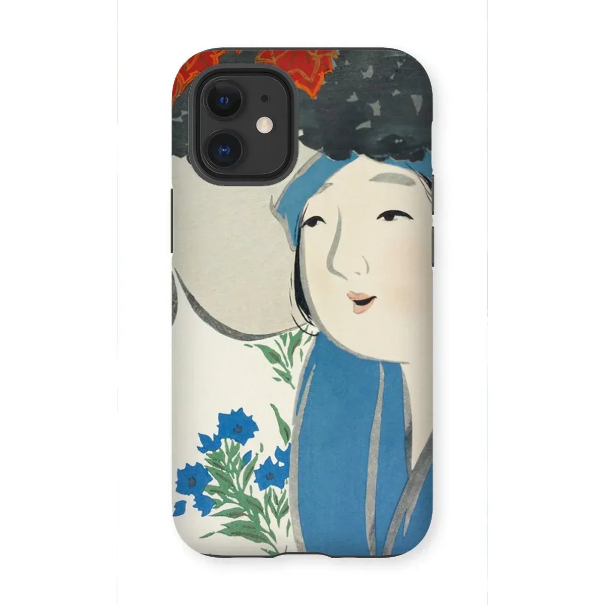 Woman from Momoyogusa - Kamisaka Sekka Iphone Case, 12 Mini / Matte, Phone Case Artistic Design Stylized Figure Blue Flowers