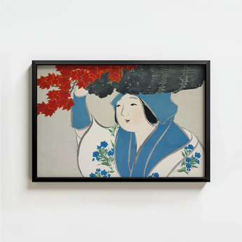 Black-framed Artwork Woman Blue White Traditional Attire Red Kamisaka Sekka, Meiji Era’s Artistic Renaissance, Sekka’s