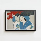 Black-framed Artwork Stylized Illustration Woman Blue White Traditional Kamisaka Sekka, Meiji Era’s Artistic Renaissance, Sekka’s