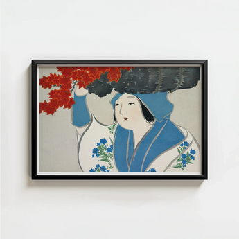 Black-framed Artwork Stylized Illustration Woman Blue White Traditional Kamisaka Sekka, Meiji Era’s Artistic Renaissance, Sekka’s