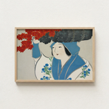 Framed Artwork Woman Traditional Blue White Attire Floral Kamisaka Sekka, Meiji Era’s Artistic Renaissance, Sekka’s