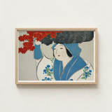 Framed Artwork Woman Traditional Attire Blue Floral Patterns Kamisaka Sekka, Meiji Era’s Artistic Renaissance, Sekka’s