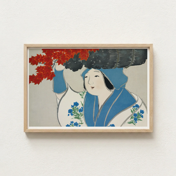 Framed Artwork Woman Traditional Attire Blue Floral Patterns Kamisaka Sekka, Meiji Era’s Artistic Renaissance, Sekka’s