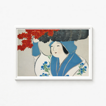 Framed Artwork Woman Traditional Attire Blue Floral Patterns Kamisaka Sekka, Meiji Era’s Artistic Renaissance, Sekka’s