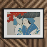 Woman from Momoyogusa - Kamisaka Sekka Meiji Art Print / Canvas Framed Artwork Woman Traditional Blue White Attire Floral Kamisaka Sekka,
