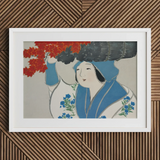 Woman from Momoyogusa - Kamisaka Sekka Meiji Art Print / Canvas White-framed Artwork Stylized Woman Blue White Traditional Attire Kamisaka