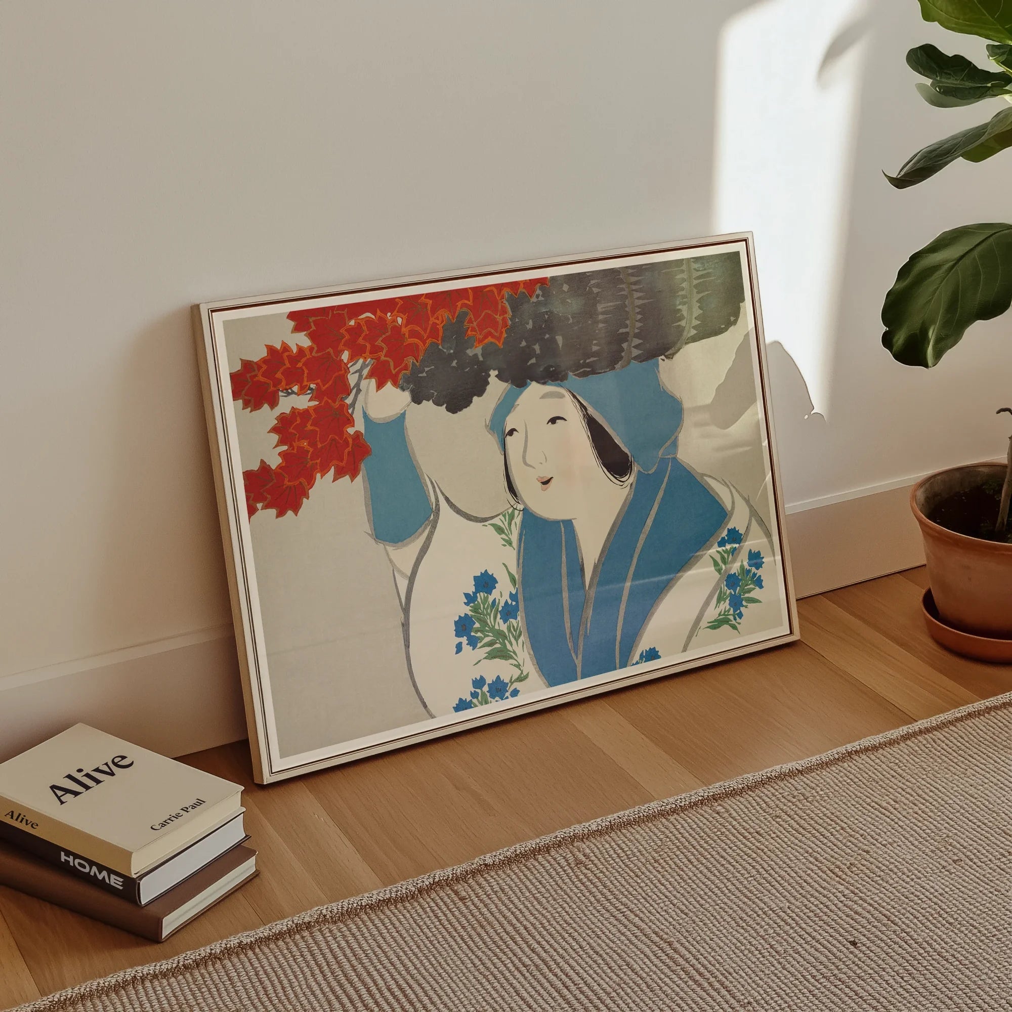 Woman from Momoyogusa - Kamisaka Sekka Meiji Art Print, Framed Artwork Asian-style Illustration Blue Red Gray Tones