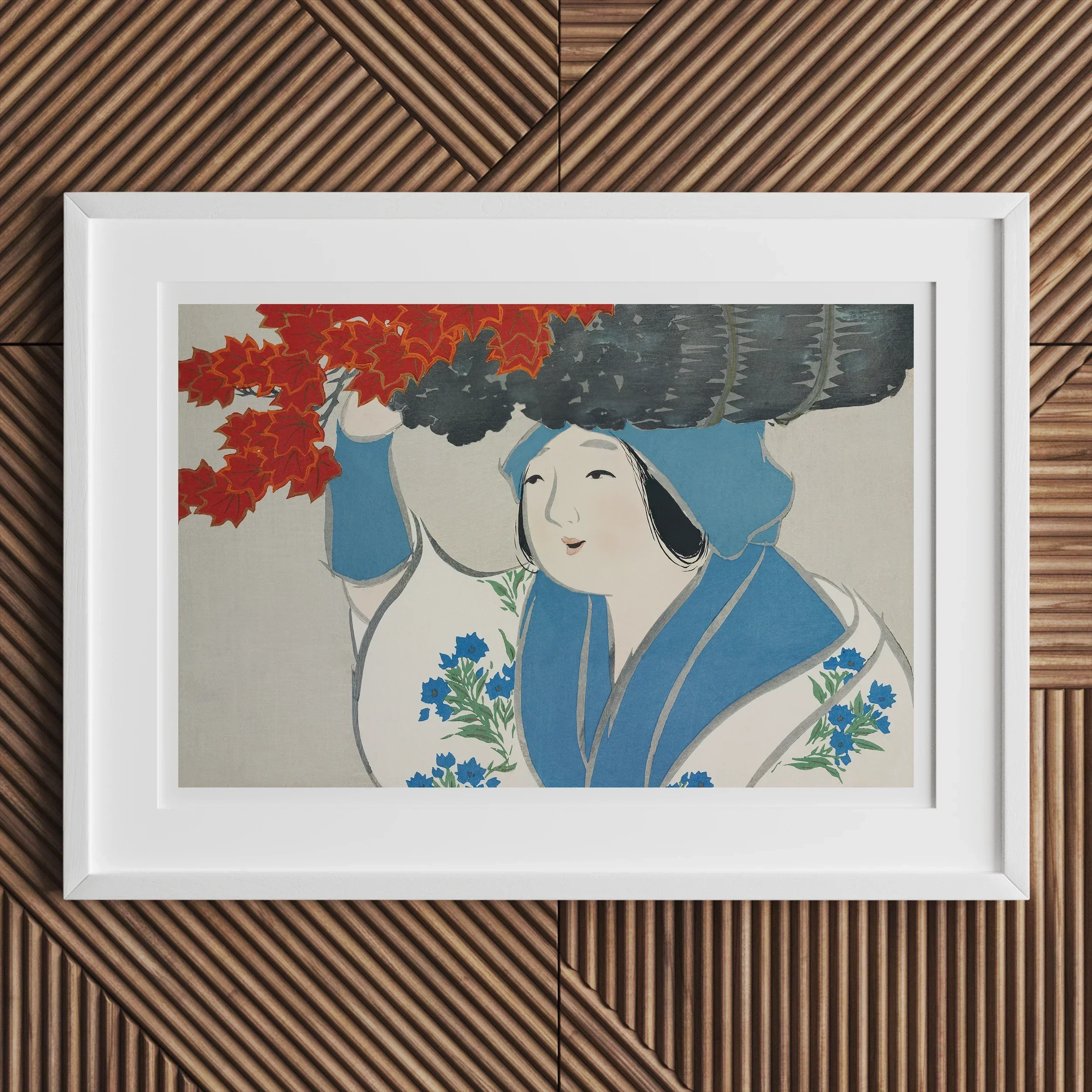 Woman from Momoyogusa - Kamisaka Sekka Meiji Art Print, Framed Japanese Artwork Figure Blue Kimono Red Maple