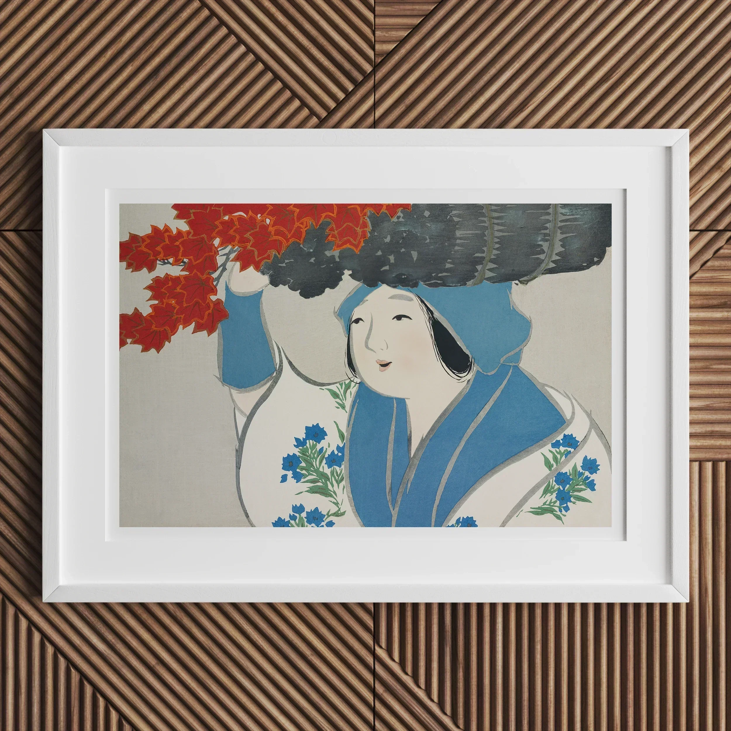 Woman from Momoyogusa Kamisaka Sekka Meiji Art Print, Framed Japanese Artwork Figure Blue Kimono Red Maple