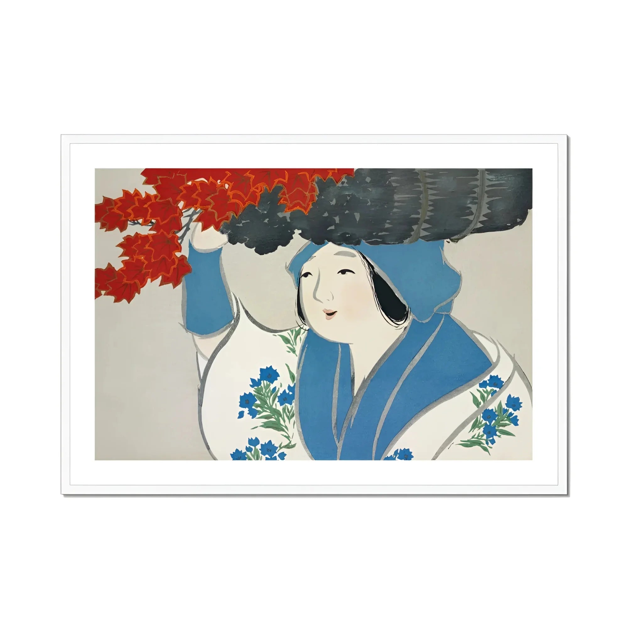 Woman from Momoyogusa - Kamisaka Sekka Meiji Art Print, Japanese Woodblock Print Figure Blue Robe Floral Designs