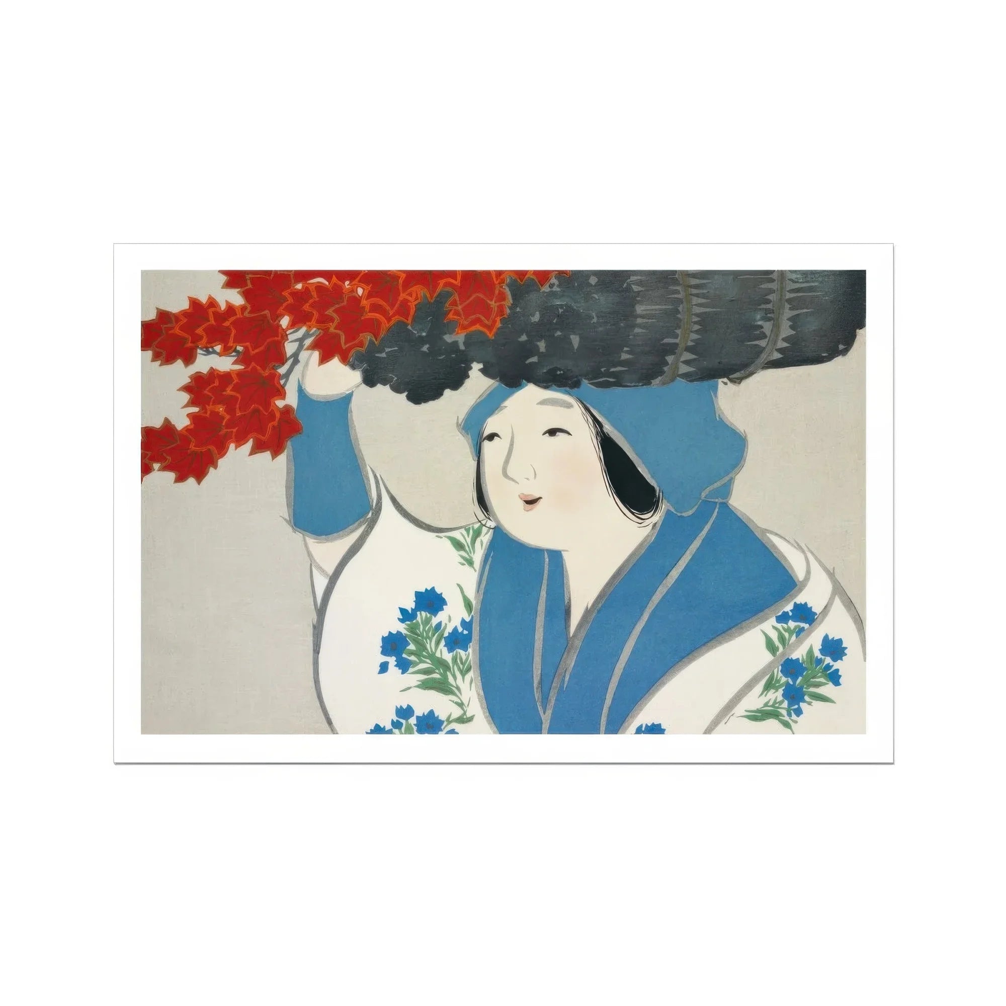 Woman from Momoyogusa - Kamisaka Sekka Meiji Art Print, Traditional Japanese Artwork Figure Blue Robes Floral Patterns