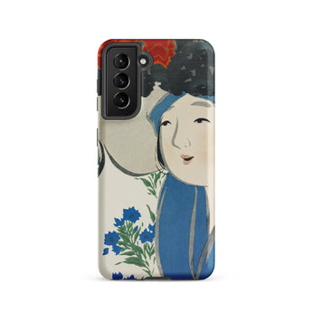 Woman from Momoyogusa - Kamisaka Sekka Samsung Case, Galaxy S21 / Matte, Smartphone Case Artistic Design Person’s Face Blue Flowers