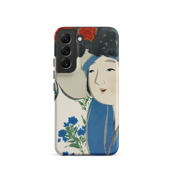 Woman from Momoyogusa - Kamisaka Sekka Samsung Case, Galaxy S22 / Matte, Smartphone Decorative Case Illustration Two Figures Blue Flowers