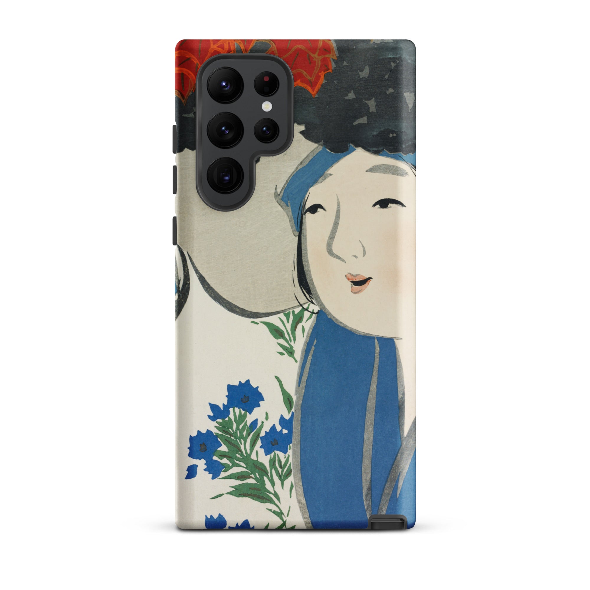 Woman from Momoyogusa Kamisaka Sekka Samsung Case, Galaxy S22 Ultra / Matte, White Phone Case Illustration Woman Blue Hair Flowers