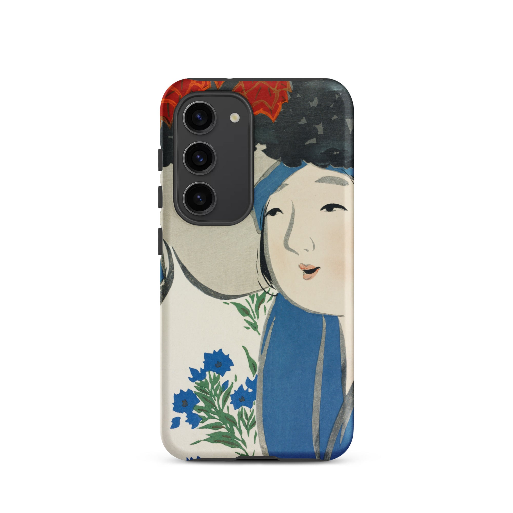 Woman from Momoyogusa Kamisaka Sekka Samsung Case, Galaxy S23 / Matte, White Smartphone Case Illustration Woman Blue Hair Floral