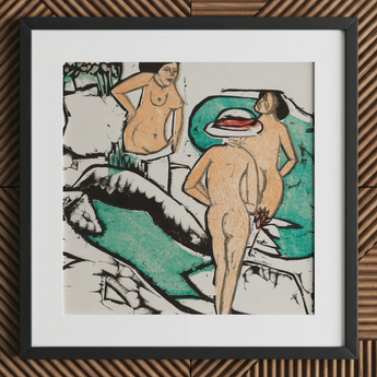 Women Bathing Between White Stones - Ernst Ludwig Kirchner Art Print / Canvas, 12x12’’ / 31x31cm / Black Frame / Matboard, Posters Prints &