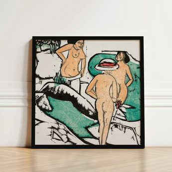 Women Bathing Between White Stones - Ernst Ludwig Kirchner Art Print / Canvas Black-framed Artwork Nude Figures Stylized Colorful