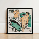 Women Bathing Between White Stones - Ernst Ludwig Kirchner Art Print / Canvas Framed Artwork Stylized Nude Figures Earthy Tones Teal,