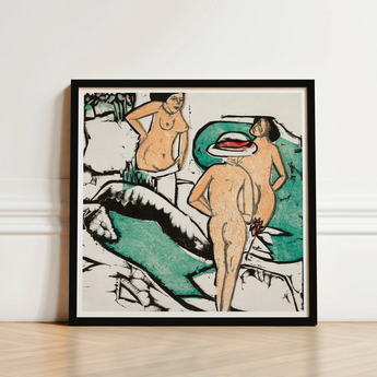 Women Bathing Between White Stones - Ernst Ludwig Kirchner Art Print / Canvas Framed Artwork Stylized Nude Figures Earthy Tones Teal,