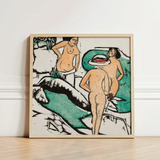 Women Bathing Between White Stones - Ernst Ludwig Kirchner Art Print / Canvas Framed Artwork Stylized Nude Figures Earthy Tones Bold,