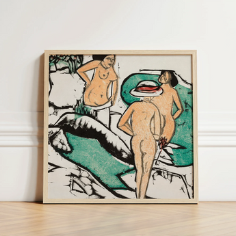 Women Bathing Between White Stones - Ernst Ludwig Kirchner Art Print / Canvas Framed Artwork Stylized Nude Figures Earthy Tones Bold,