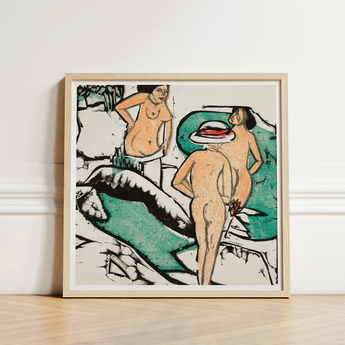 Women Bathing Between White Stones - Ernst Ludwig Kirchner Art Print / Canvas Framed Artwork Stylized Nude Figures Vibrant Abstract