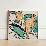 Women Bathing Between White Stones - Ernst Ludwig Kirchner Art Print / Canvas Framed Artwork Stylized Abstract Depiction Nude Figures