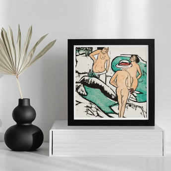 Women Bathing Between White Stones - Ernst Ludwig Kirchner Art Print / Canvas Black-framed Artwork Stylized Colorful Print Nude Figures