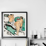 Women Bathing Between White Stones - Ernst Ludwig Kirchner Art Print / Canvas Black-framed Artwork Stylized Colorful Print Two Nude Figures