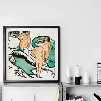Women Bathing Between White Stones - Ernst Ludwig Kirchner Art Print / Canvas Black-framed Artwork Stylized Colorful Print Two Nude Figures