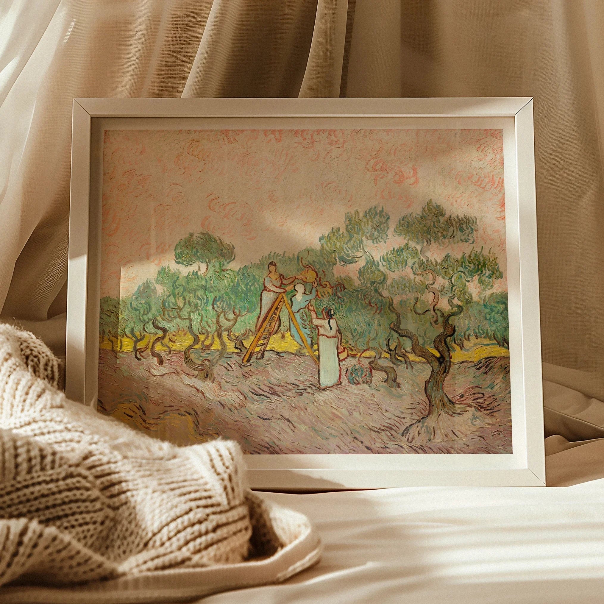 Women Picking Olives - Vincent Van Gogh Art Print, Framed Artwork Olive Trees Pastoral Landscape