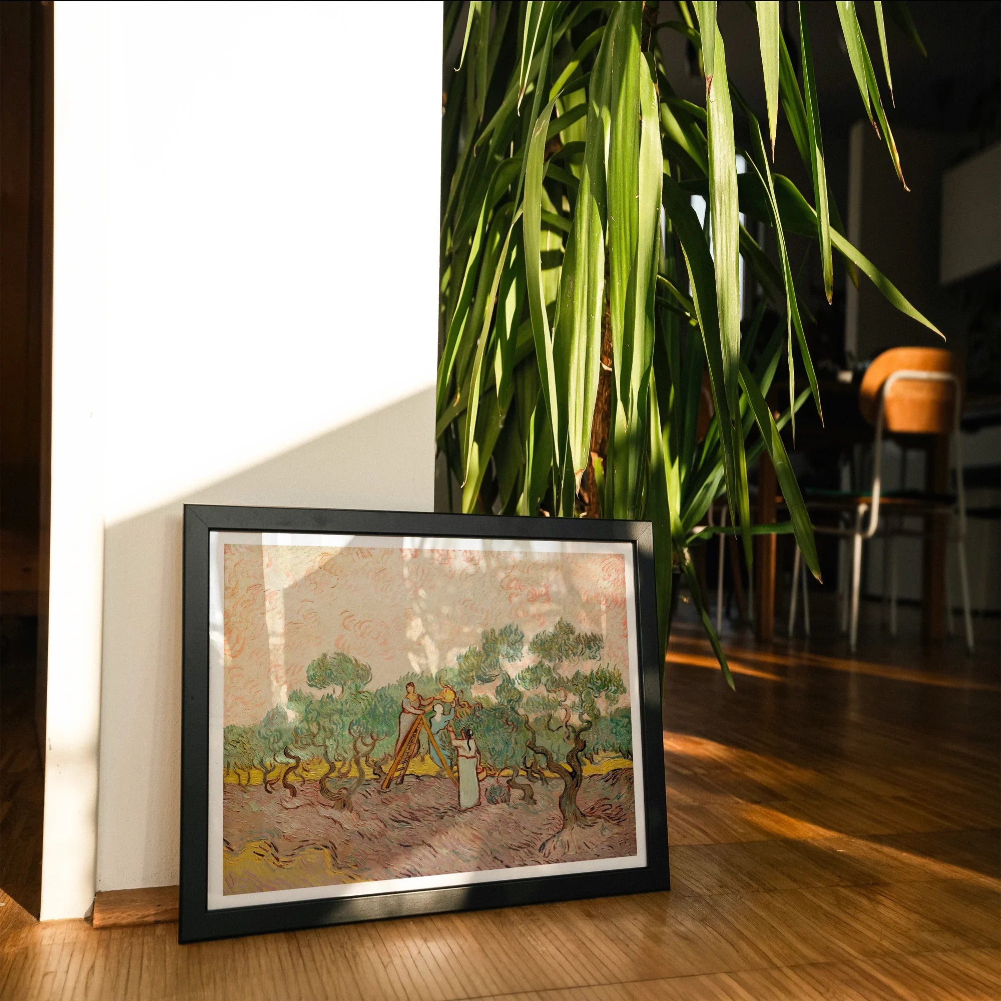 Women Picking Olives - Vincent Van Gogh Art Print, Framed Artwork Pastoral Scene Figures Trees Muted Colors
