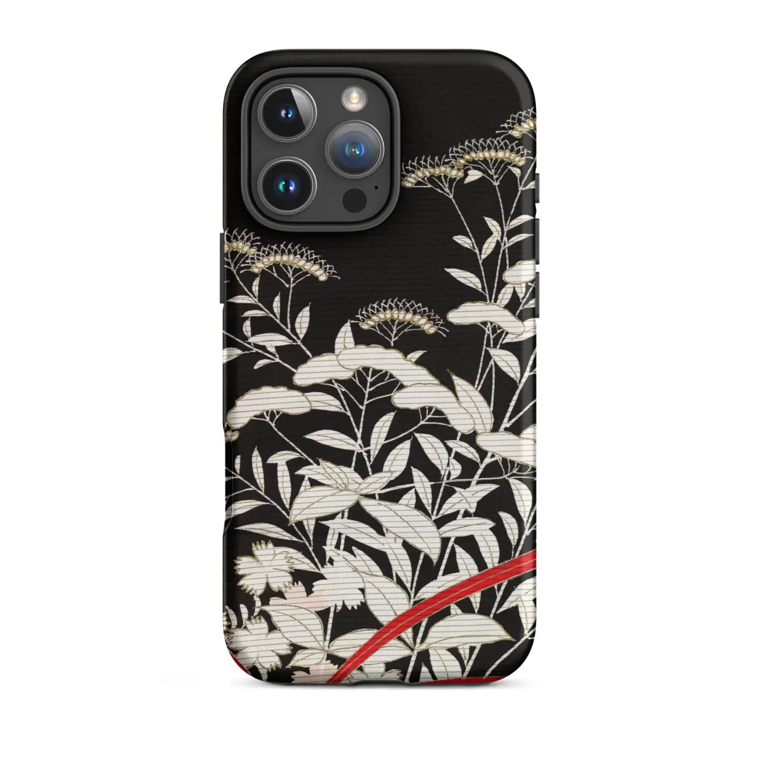 Black floral printed fabric iPhone case with red accents