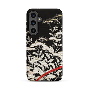Women’s Kimono with Autumn Plants Samsung Case, Galaxy S24 Plus / Matte, Black Phone Case White Floral Leaf Pattern Diagonal