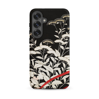 Women’s Kimono with Autumn Plants Samsung Case, Galaxy S25 Plus / Matte, Black Phone Case White Floral Red Ribbon Pattern