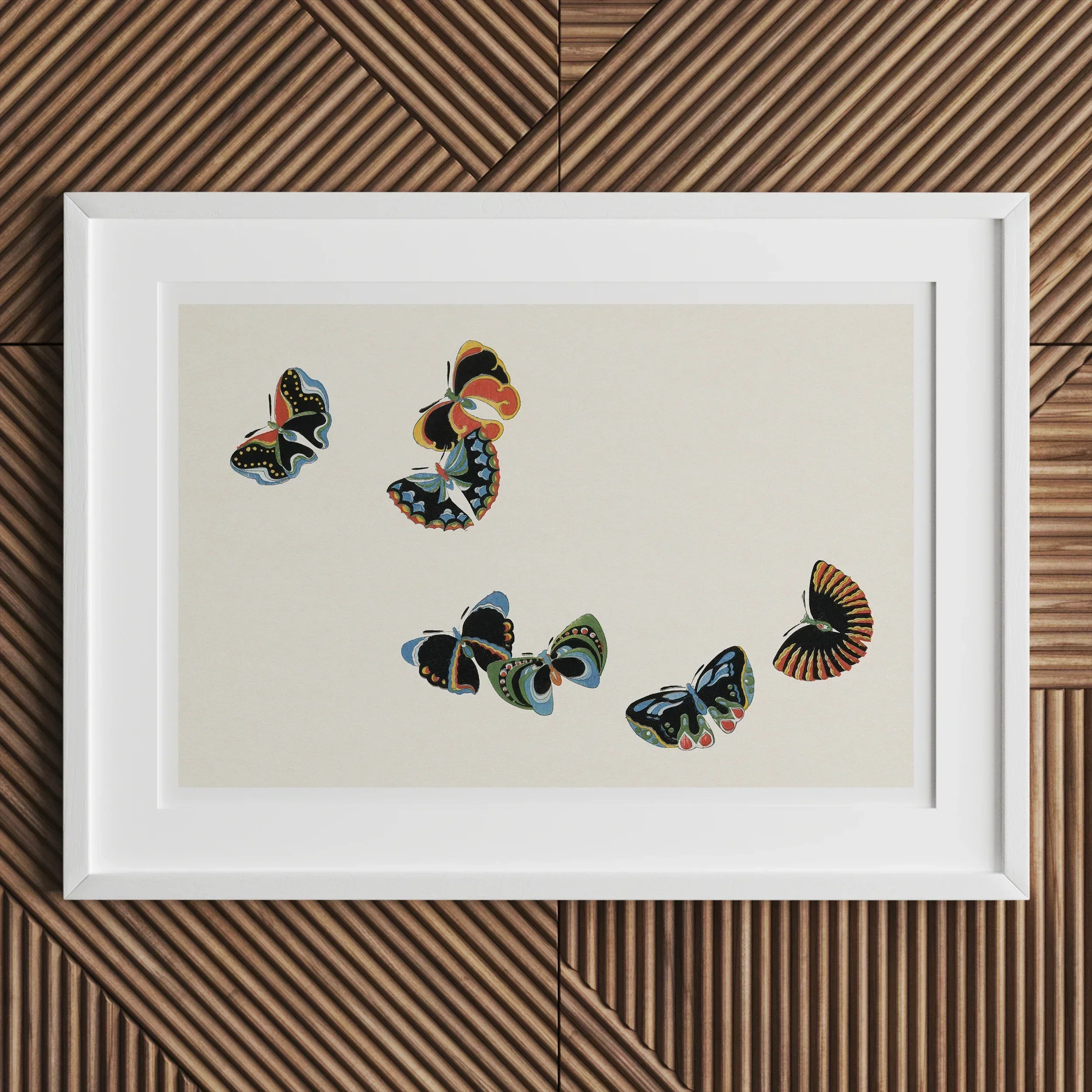 Woodblock Butterflies - Kamisaka Sekka Art Print, White-framed Artwork Delicate Butterflies Blue Black Orange Tones