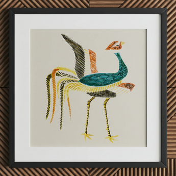 Woodblock Crane - Taguchi Tomoki Art Print / Canvas Vibrant Hand-embroidered Bird Artwork Black Frame White Prints