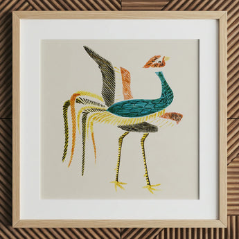 Woodblock Crane - Taguchi Tomoki Art Print / Canvas Vibrant Hand-embroidered Bird Artwork Light Wood Frame White Prints
