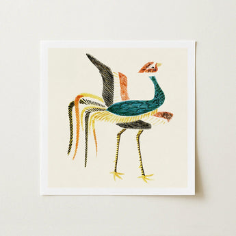 Woodblock Crane - Taguchi Tomoki Art Print / Canvas Square-framed Artwork Stylized Embroidered Bird Teal Black Body Prints