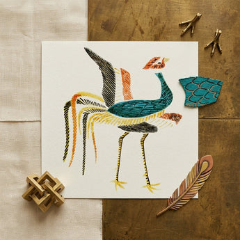 Woodblock Crane - Taguchi Tomoki Art Print / Canvas Vibrant Hand-embroidered Illustration Stylized Bird Teal Orange Feathers Taguchi Tomoki