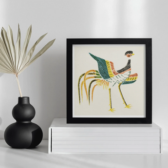 Woodblock Crane - Taguchi Tomoki Art Print, Framed Embroidered Artwork Decorative Bird Green Yellow Orange