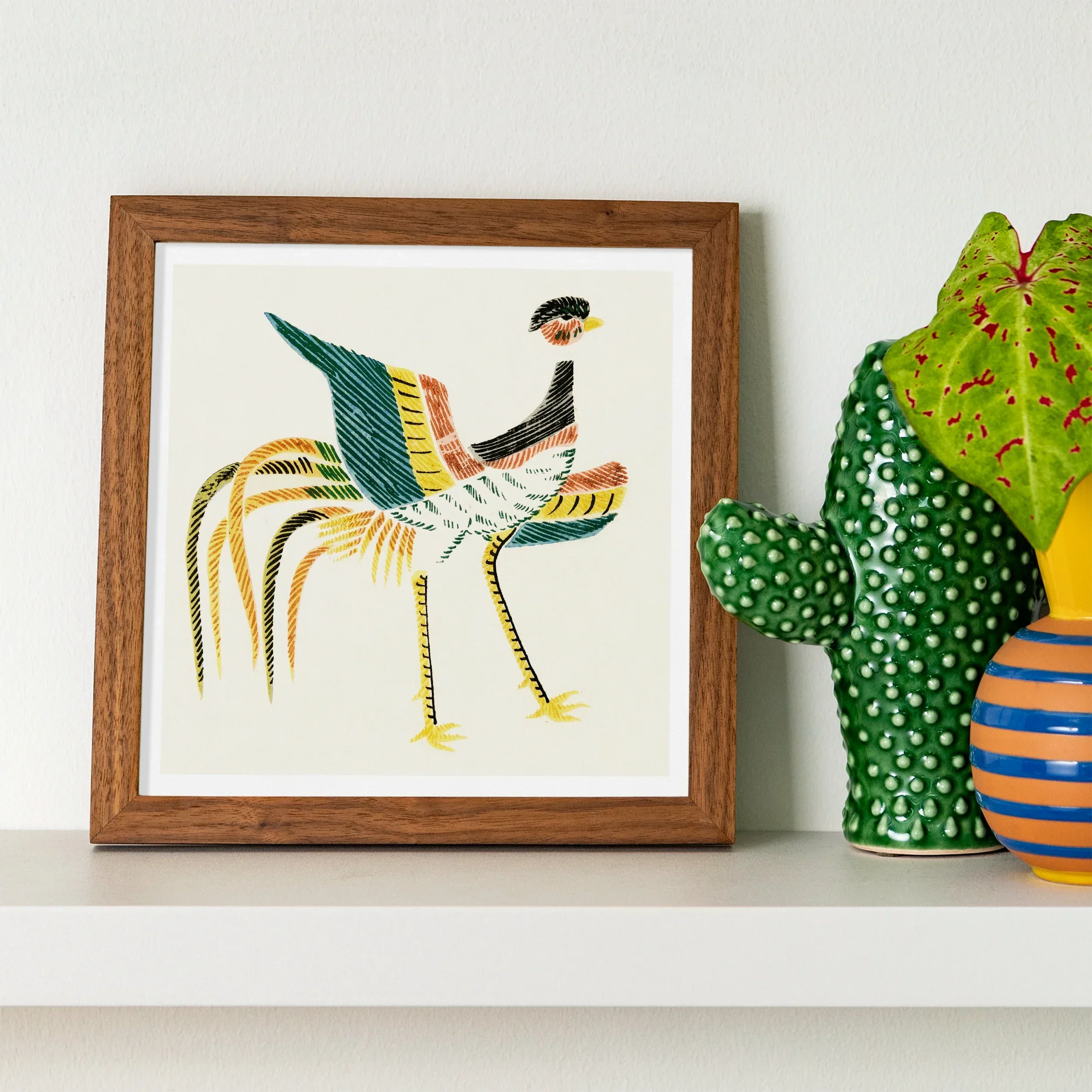 Woodblock Crane - Taguchi Tomoki Art Print, Framed Folk Art Illustration Colorful Bird Decorative Patterns